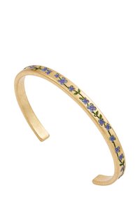 Gold-tone metal cuff bracelet featuring floral enamel detailing in blue and green. Smooth texture with open ends for adjustable fit.