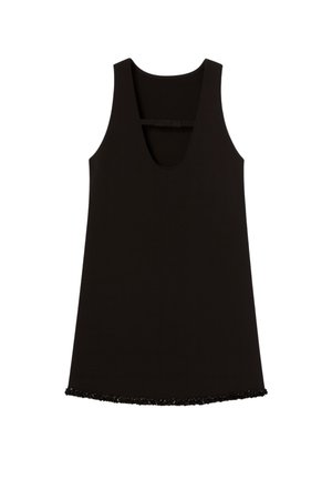 Vestito mini senza maniche di colore nero con scollatura a barca e piccolo fiocco sul retro, caratterizzato da una sottile frangia sul bordo.
