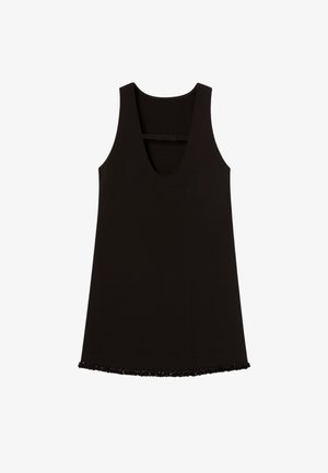 Vestito mini senza maniche di colore nero con scollatura a barca e piccolo fiocco sul retro, caratterizzato da una sottile frangia sul bordo.