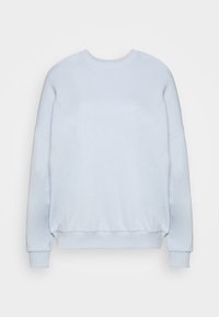 Felpa azzurra realizzata in tessuto morbido. Presenta un collo rotondo, spalle scese, maniche lunghe e orlo e polsini a coste.