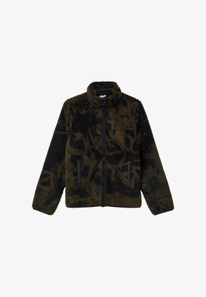 Fleecejacke in Dunkelbraun und Schwarz, mit einem strukturierten, plüschigen Stoff, hohem Kragen, Frontreißverschluss und zwei Seitentaschen mit schwarzem Besatz.
