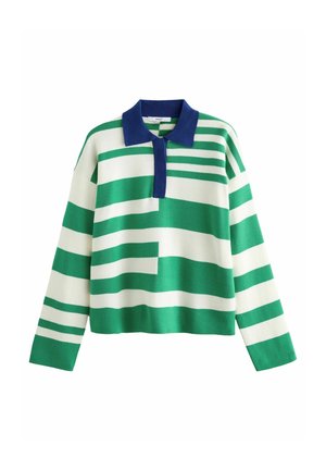 Trui met lange mouwen met groene en witte horizontale strepen, donkerblauwe kraag en knoopsluiting.