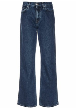 Donkerblauwe denim jeans met een rechte pijpvorm, een knoopsluiting aan de voorkant en een klassiek vijfzakkenontwerp.