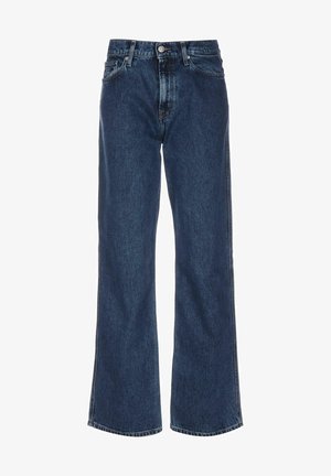 Donkerblauwe denim jeans met een rechte pijpvorm, een knoopsluiting aan de voorkant en een klassiek vijfzakkenontwerp.
