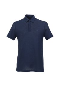 Navyblaues Polohemd aus leichtem Stoff, mit einem Kragen, einer Drei-Knopf-Leiste und kurzen Ärmeln. Dezentes Logo auf der Brust.