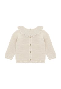 Cárdigan de punto ligero en color crema con un cuello con volantes, cierre de botones en la parte delantera y puños acanalados. Tejido texturizado, ajuste holgado y acabado suave.