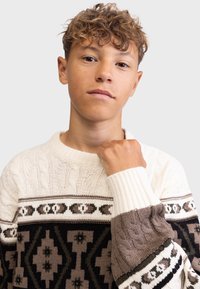 Strikket sweater med en off-white kabelstrik tekstur, mørkebrun og beige mønstrede accenter og ribbedeærmer.