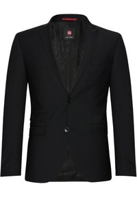 Schwarzer Blazer aus glattem Stoff, mit Ein-Knopf-Verschluss, Reverskragen und zwei Vorder-taschen. Die Innenseite hat ein gemustertes Futter.