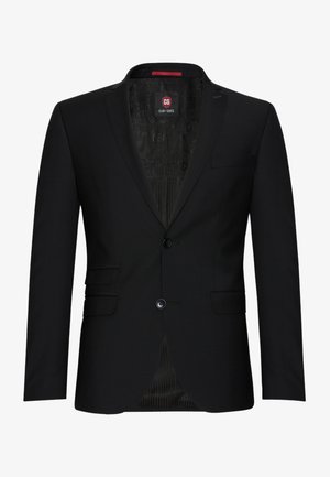 Blazer nero in tessuto liscio, chiusura con un solo bottone, rever a punta e due tasche frontali. L'interno presenta una fodera a fantasia.