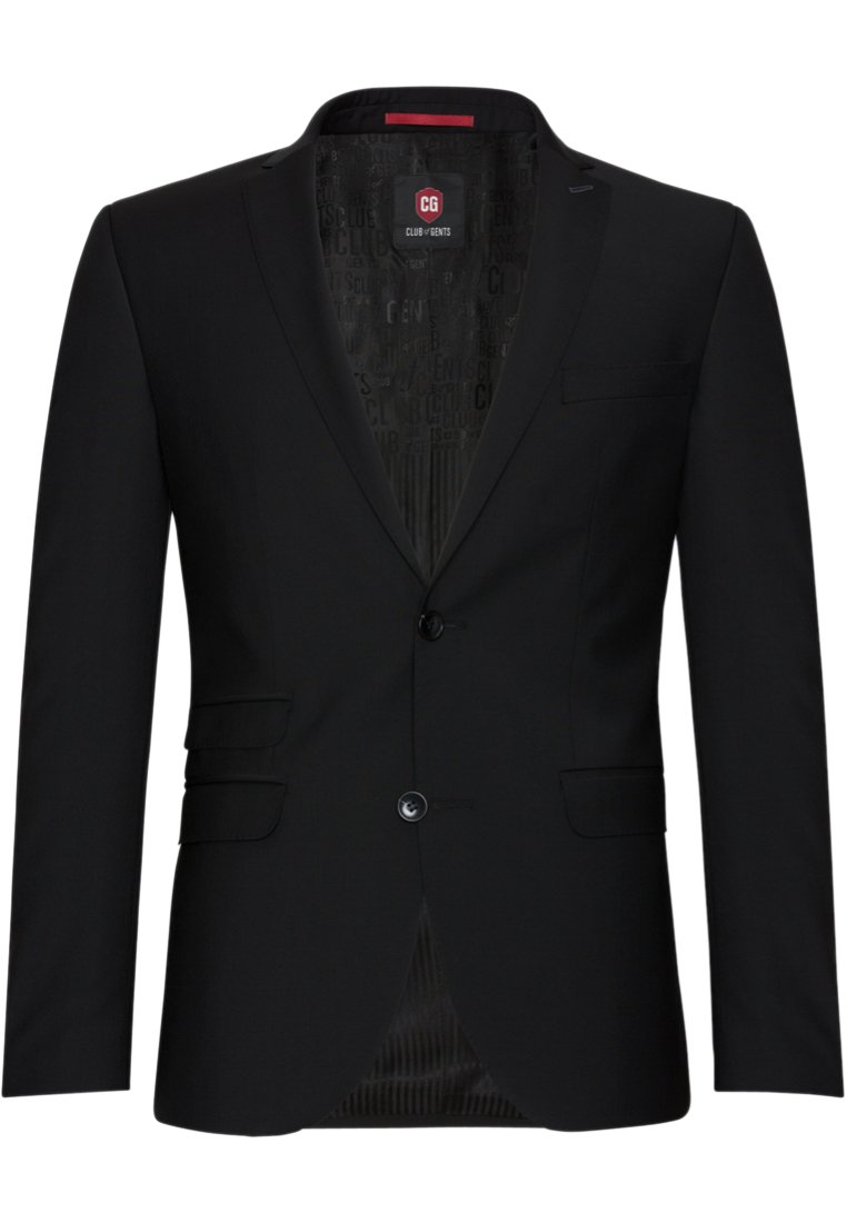 Schwarzer Blazer aus glattem Stoff, mit Ein-Knopf-Verschluss, Reverskragen und zwei Vorder-taschen. Die Innenseite hat ein gemustertes Futter.