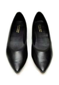 Schwarze Lederflats mit einem spitzen Zehen-Design, glatter Textur und elastischem Rand um die Öffnung, mit einem schlichten Innenraum.