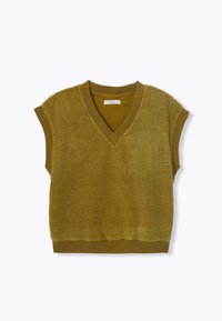 Top sans manches en V de couleur olive. Le matériau présente une surface douce et texturée avec un col et un ourlet côtelé. Coupe douce et décontractée.