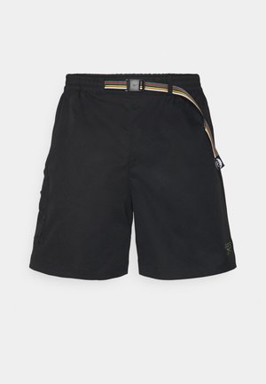 Pantaloncini neri realizzati in tessuto leggero, con una cintura elastica dotata di coulisse a righe multicolori e tasche laterali.