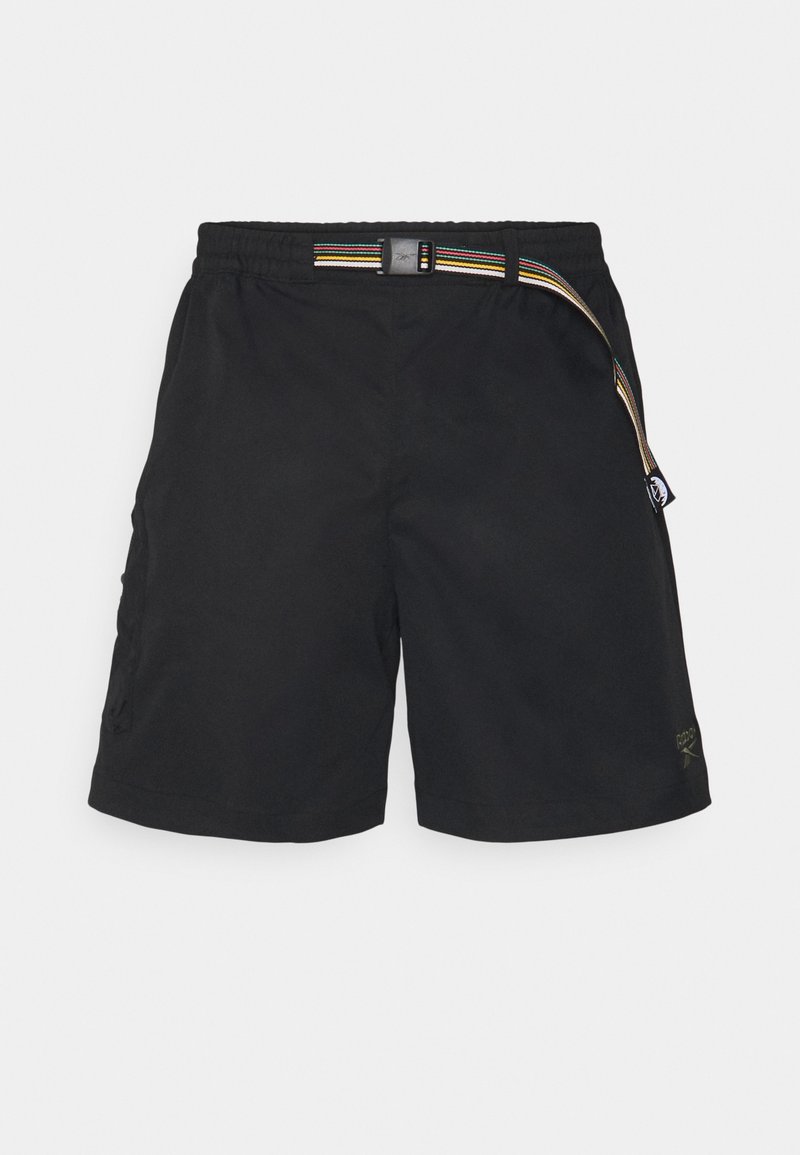 Schwarze Shorts aus leichtem Stoff mit elastischem Bund, einem mehrfarbigen, gestreiften Kordelzug und Seitentaschen.