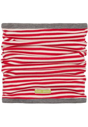 Scaldacollo a righe rosse e bianche con bordo grigio. Realizzato in tessuto morbido e elasticizzato. Presenta un'etichetta "loud + proud".