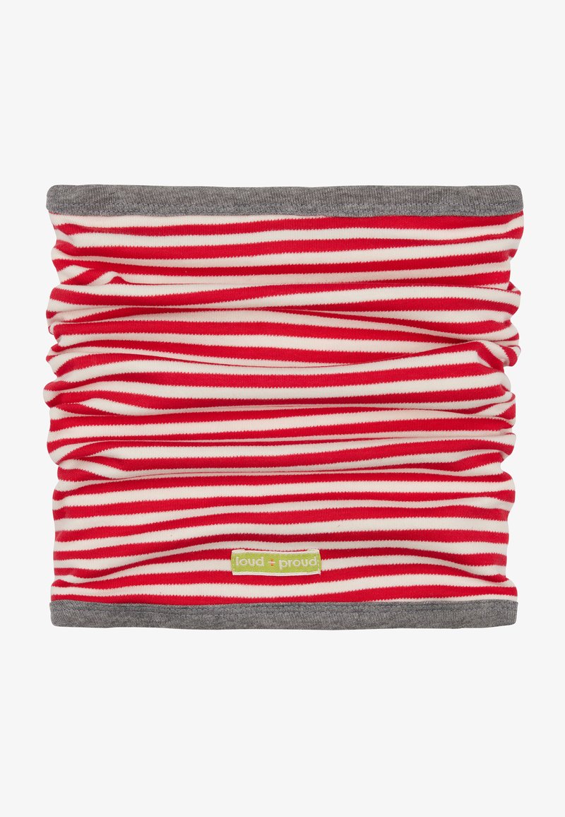 Scaldacollo a righe rosse e bianche con bordo grigio. Realizzato in tessuto morbido e elasticizzato. Presenta un'etichetta "loud + proud".