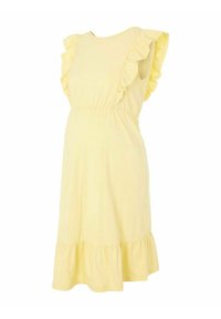 Abito da maternità giallo con maniche a volant, scollatura rotonda e vita elastica. Presenta una gonna svasata e un morbido tessuto di cotone.