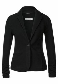 Mustat bleiseri, joka on valmistettu sileästä kankaasta. Siinä on yksittäinen napitus, uurretut läpät ja kaksi sivutaskua. Napakka istuvuus ja pitkät hihat.