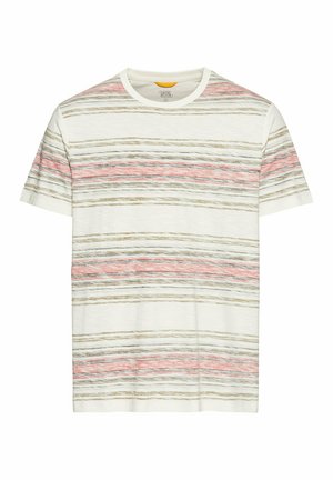 T-shirt z krótkim rękawem w kolorze ecru z bawełny. Posiada wielokolorowe poziome paski w odcieniach różowego, szarego i beżowego. Klasyczny okrągły dekolt.