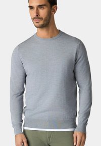 Felpa lavorata a maglia grigio chiaro con scollatura a girocollo e maniche lunghe. Morbido al tatto, design aderente e polsini e orlo a costine.