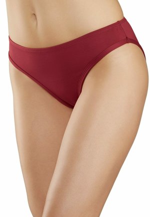 Bikini-Unterteil in Dunkelrot. Hergestellt aus glattem Stoff mit einem tiefen Schnitt, versehen mit minimalen Nähten und einem schlichten Design. Keine zusätzlichen Verzierungen.