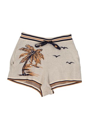Shorts en maille beige avec une ceinture et des ourlets rayés bleu marine et beige, ornés d'un motif de palmier et d'oiseaux en vol sur le devant.