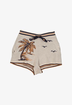 Shorts en maille beige avec une ceinture et des ourlets rayés bleu marine et beige, ornés d'un motif de palmier et d'oiseaux en vol sur le devant.