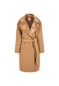 Tan wollook met een notch-kraag, met een patroon gevoerd van binnen en een tailleband. Beschikt over lange mouwen en een gestroomlijnd silhouet.