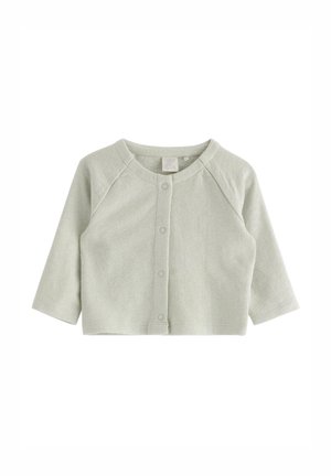 Cardigan per bambini in maglia grigio chiaro con maniche lunghe e bottoni a pressione frontali, scollo rotondo e tessuto morbido e strutturato.