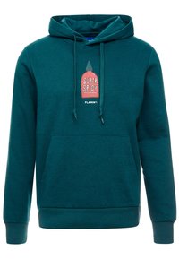 Felpa teal realizzata in morbido tessuto, con tasca frontale, cappuccio con coulisse e una grafica "SUPER SPICY" sul petto.