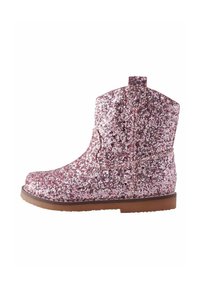 Rosa glittrande ank stövlar med rund tå, stabil sula och dekorativ sömnad. Lätta, täckta av grovt glittra för en texturerad finish.