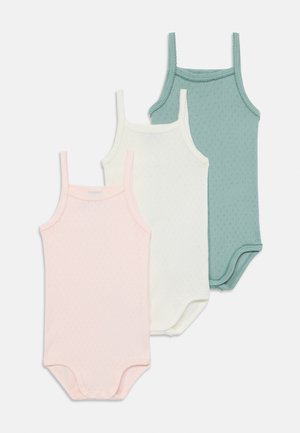 Drei ärmellose Bodysuits in Pink, Weiß und Grün. Hergestellt aus strukturiertem Baumwollstoff mit Druckknöpfen am Boden und dünnen Trägern.