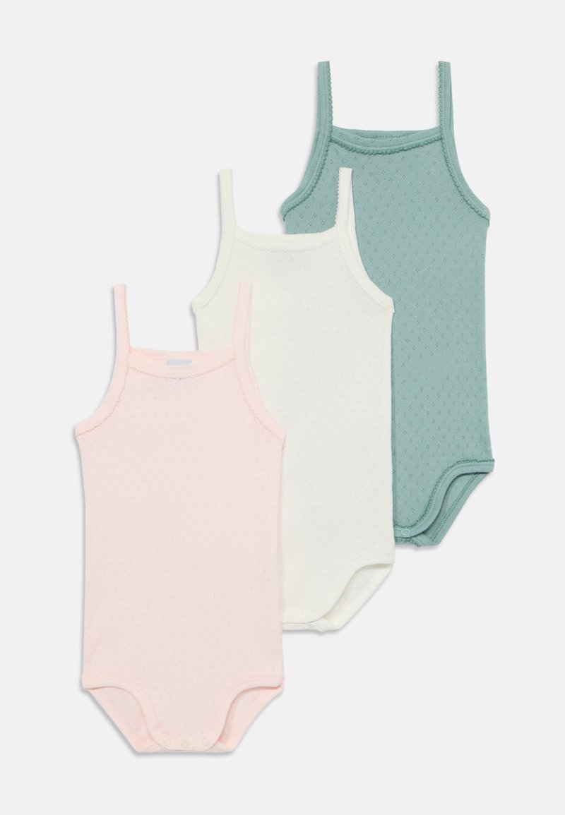 Trois bodies sans manches en rose, blanc et vert. Fabriqués en coton texturé avec des fermetures à pression en bas, dotés de bretelles fines.