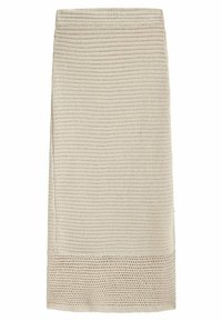 Jupe crayon beige longueur genou avec texture en maille crochetée et un ourlet plus large à motifs en bas.