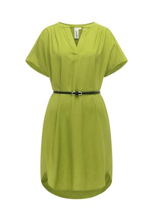 Robe courte manches courtes vert clair longueur genoux avec encolure en V, épaules froncées, ceinture fine noire et ourlet arrondi.