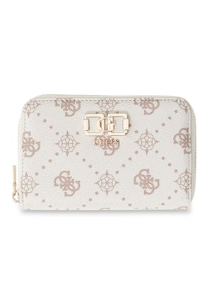 Portefeuille blanc à fermeture éclair autour avec monogramme beige à motifs, logo de marque doré et tirette de fermeture éclair, surface texturée en similicuir.