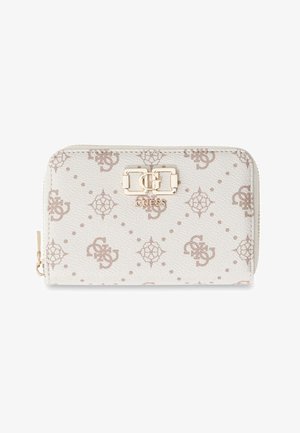 Cartera blanca con cremallera alrededor con monograma beige estampado, logo de marca en tono dorado y tirador de cremallera, superficie texturizada de cuero sintético.