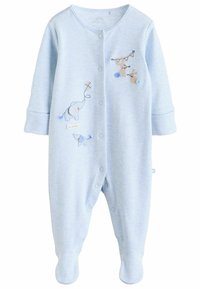 Un grenouillère bleu clair en tissu avec des manches longues, des boutons-pression et des motifs brodés représentant un éléphant et un lapin avec un cerf-volant.