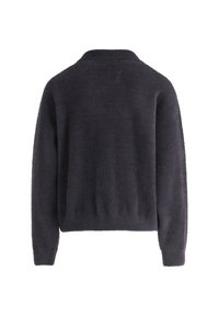 Maglione lavorato a maglia grigio scuro, soffice, con colletto, maniche lunghe e una vestibilità rilassata. La trama è morbida e accogliente.