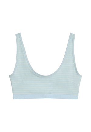 Hellblaues, weiches Stoff-Bralette mit dünnen weißen horizontalen Streifen und breiten Schulterträgern, entworfen für Komfort und leichte Unterstützung.