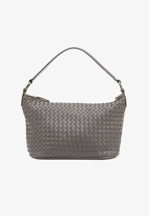 Gray woven leather handbag with a single shoulder strap, featuring a zip closure and a textured surface with a subtle pattern.