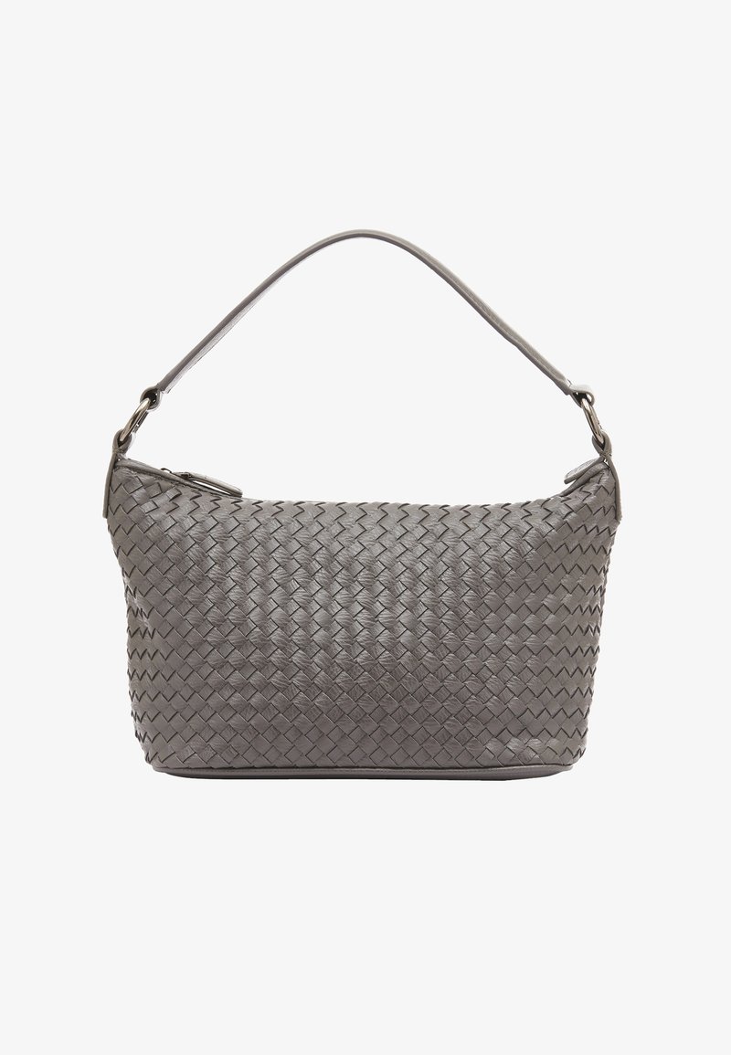 Sac à main en cuir tissé gris avec une seule bandoulière, doté d'une fermeture éclair et d'une surface texturée avec un motif subtil.