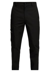 Černé cargo kalhoty vyrobené z odolné látky. Mezi vlastnosti patří boční kapsa na zip a čistý, rovný střih nohavic.
