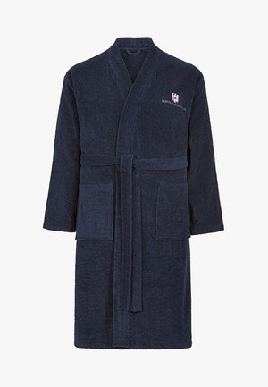 Navy blue terry cloth bathrobe with a tie belt, two front pockets, and embroidered logo detail on the chest. Mid-length sleeves.