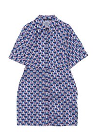 Abito camicia a maniche corte in blu, rosa e bianco con motivo geometrico, con bottoni sul davanti, colletto e vestibilità rilassata. Tessuto dalla texture liscia.