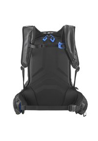 Sac à dos d'extérieur noir avec un dos et des bretelles rembourrés. Accents en matériel bleu avec boucles réglables. Design contourné pour le confort et le soutien.