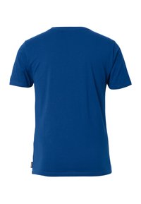 Camiseta de manga corta en algodón azul vibrante. Diseño de cuello redondo con una textura suave y un corte recto. Sin patrones ni acentos visibles.