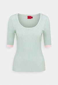 Ribbad kortärmad topp i ljus mintgrön med rund halsringning och rosa avslutningar. Mjuk textur med en figurnära silhuett. Röd märkesetikett.