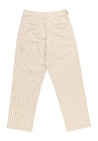 Beige trousers with a pinstripe pattern in black. Features a straight cut, two back pockets, and a classic waistband design.
