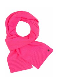 Lys pink strikket tørklæde med en blød tekstur, der har ribkant og et lille logo detaljeret i den ene ende.